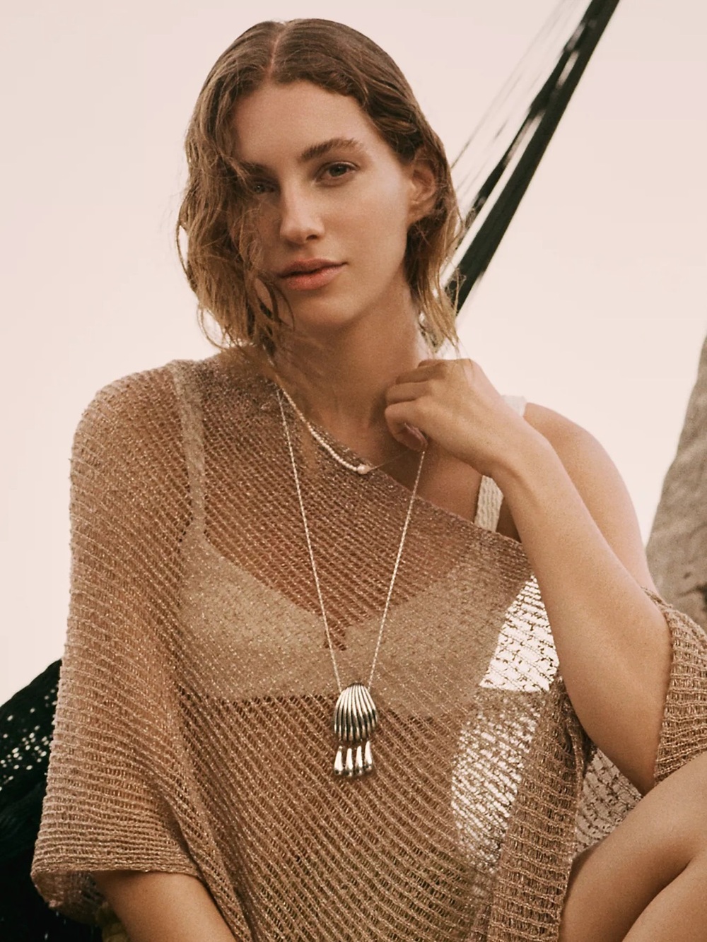 NWT Anthropologie Summer Studio Shell Pendant Necklace in Silver 30"L